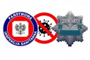 Grafika: Od lewej logo inspekcji sanitarnej w środku wirus w czerwonej tarczy a z prawej strony gwiazda policji