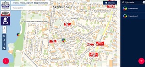 Zdjęcie. Zrzut mapy topograficznej miasta Szczecinek z zaznaczonymi zgłoszeniami na Krajowej Mapie Zagrożeń Bezpieczeństwa