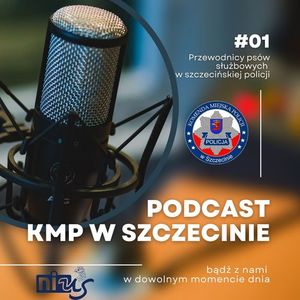 Zdjęcie kolorowe. Radiowy mikrofon. Na tle zdjęcia napis podcast  Komendy Miejskiej Policji w Szczecinie