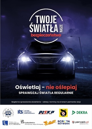 Plakat. Grafika kampanii informacyjnej Twoje światła nasze bezpieczeństwo. Na ciemno granatowym tle samochód z włączonymi światłami.