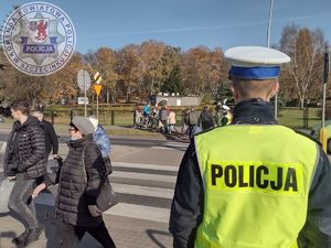 Zdjęcie kolorowe. Policjant ruchu drogowego stoi odwrócony plecami. Po przejściu dla pieszych przechodzą ludzie.