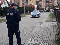 Zdjęcie kolorowe. Z lewej strony na ulicy widać umundurowanego policjanta w maseczce, w oddali stoi policyjny radiowóz.