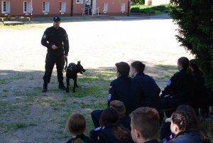 Zdjęcie kolorowe. Na placu przed budynkiem szkoły policjant prowadzi zajęcia. U jego boku siedzi pies służbowy.