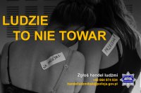 Zdjęcia kolorowe. Ludzie to nie towar. Żółty napis umieszczony na tle kobiet ze spuszczonymi głowami