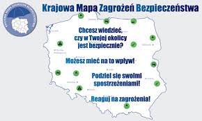 Grafika. Kontur mapy Polski z napisem Krajowa Mapa Zagrożeń Bezpieczeństwa