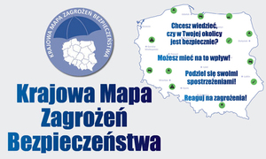 Grafika.  W prawym górnym rogu mapa Polski z naniesionymi w różnych miejscach niebieskimi kropkami.  Z lewej strony napis w kolorze niebieskim Krajowa Mapa Zagrożeń Bezpieczeństwa