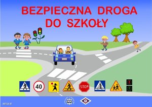 Grafika. Na górze napis bezpieczna droga do szkoły. poniżej droga na której namalowane są dzieci i samochód który zatrzymał się przed przejściem dla pieszych