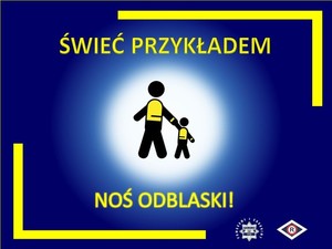 Grafika. Na ciemno niebieskiem tle rozjaśnione białe koło w które wpisane są dwa czarne ludziki w kamizelkach odblaskowych. Widoczny napis świeć przykładem noś odblaski