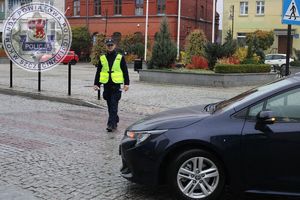 Zdjęcie kolorowe. Policjant zatrzymuje pojazd.