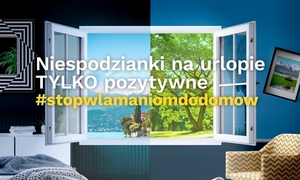 Grafika.Europejski Dzień Przeciwdziałania Włamaniom do Domów. Otwarte okno podzielone na kolorystykę biało czarną i kolorową. W czarno białej kolorystyce bałagan w mieszkaniu. W kolorowej wszystkie meble  na swoim miejscu