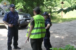 Zdjęcie kolorowe.W obrębie leśnego parkingu stoi dwóch policjantów i kobieta w kamizelce odblaskowej z napisem straż leśna