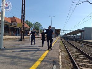 Zdjęcie kolorowe. Policjant wspólnie z patrolem sok patrolują perony kolejowe