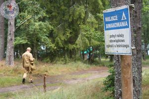 Zdjęcie kolorowe. Z prawej strony przy leśnej drodze znak miejsce biwakowania. Z lewej strony w oddali idący strażak