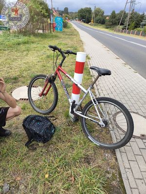 Zdjęcie kolorowe. Mężczyzna stoi obok roweru