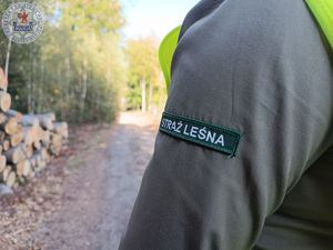 Zdjęcie kolorowe. Zbliżenie napisu na ramieniu straż leśna