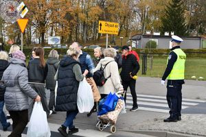 Zdjęcie kolorowe. Policjant ruchu drogowego kieruje ruchem na przejściu dla pieszych