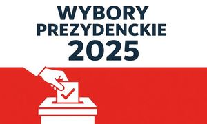 Zdjęcie kolorowe. Biało czerwone tło na białym tle napis wybory prezydenckie 2025 a na czerwonym tle białe kontury urny wyborczej