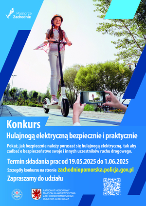 Zdjęcie kolorowe. Plakat konkursowy. Dziewczynka w kasku jedzie na hulajnodze