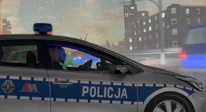 Zdjęcie kolorowe. Policjanci w radiowozie