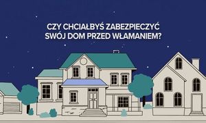 Grafika. Domy i biały napis Europejski Dzień Przeciwdziałania Włamaniom do Domów