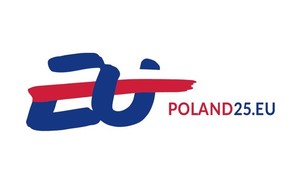 Grafika. Czerwona litera E i U a w nie wpleciona flaga Polski