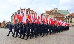 Zdjęcie kolorowe. Uformowani szyk policjanci z biało czerwonymi flagami